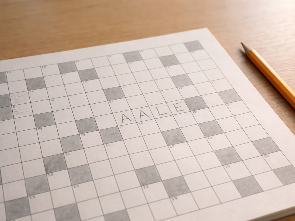 Grille de mots fléchés sur table en bois, cases partiellement remplies au crayon et réponse de 5 lettres mise en valeur.