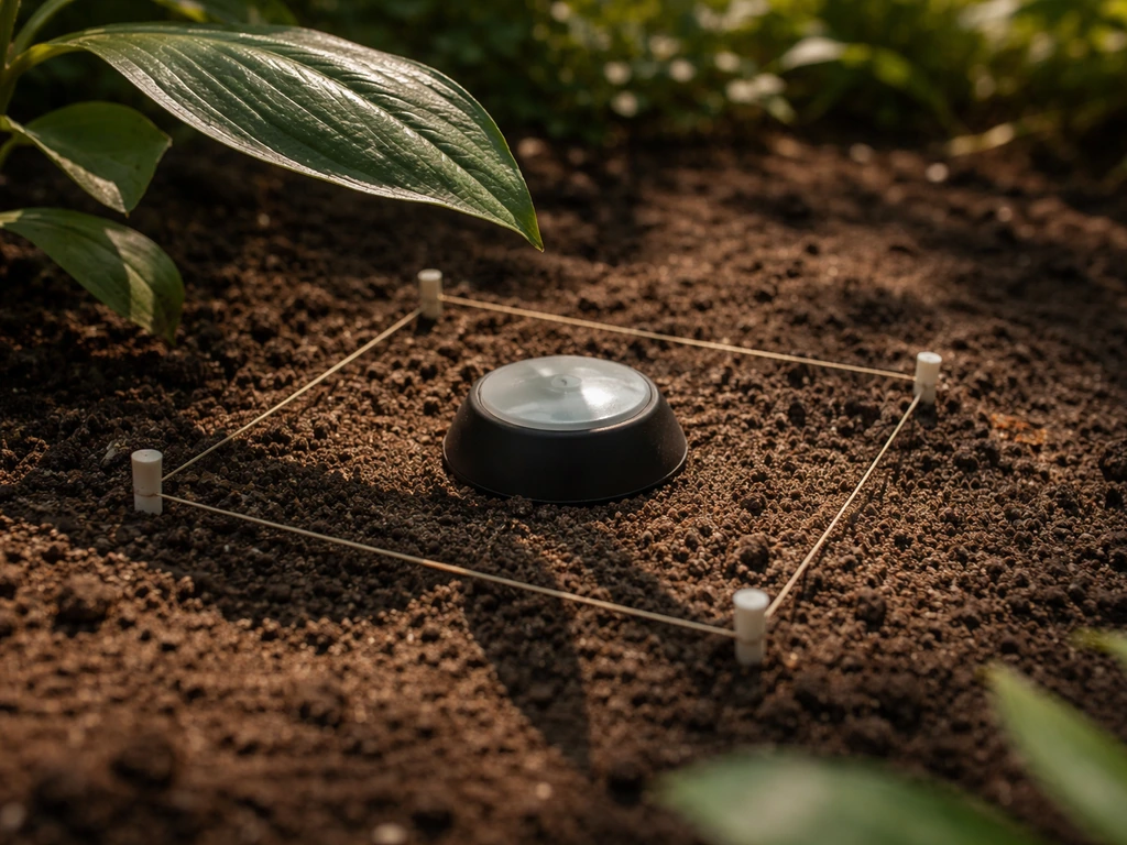 Plan rapproché d’une petite jauge de soleil au sol dans un jardin, pour repérer une zone à moins de 4 h de soleil direct