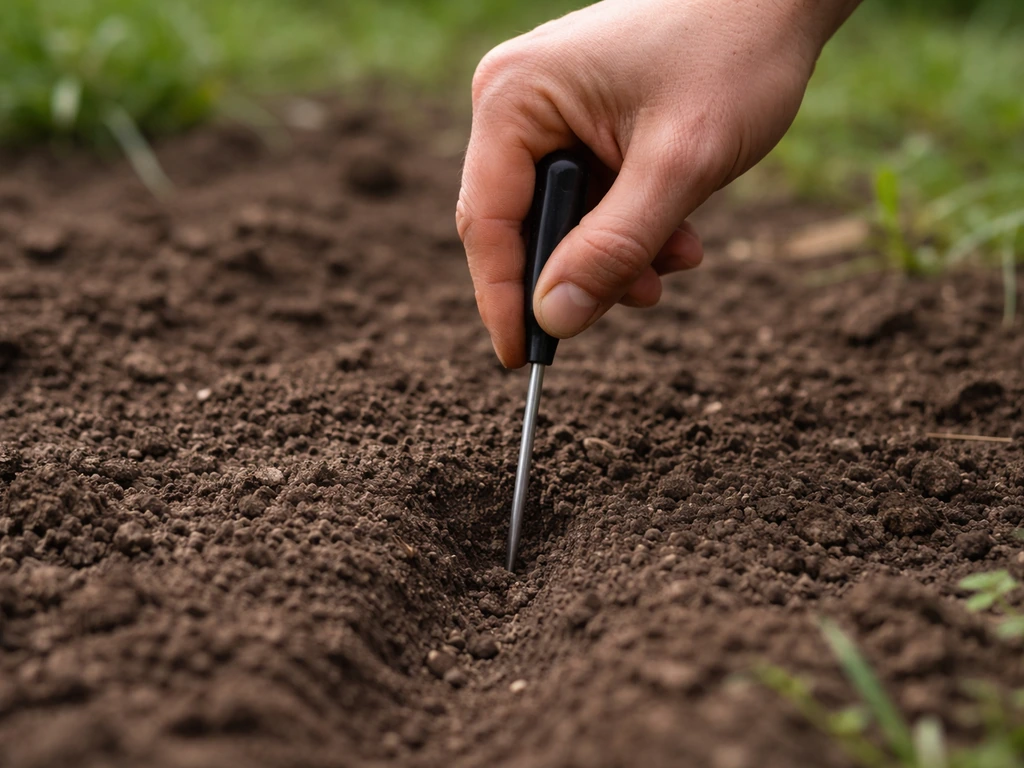 Un tournevis/pique-plante enfoncé dans le sol pour vérifier l’humidité sur 10 à 15 cm