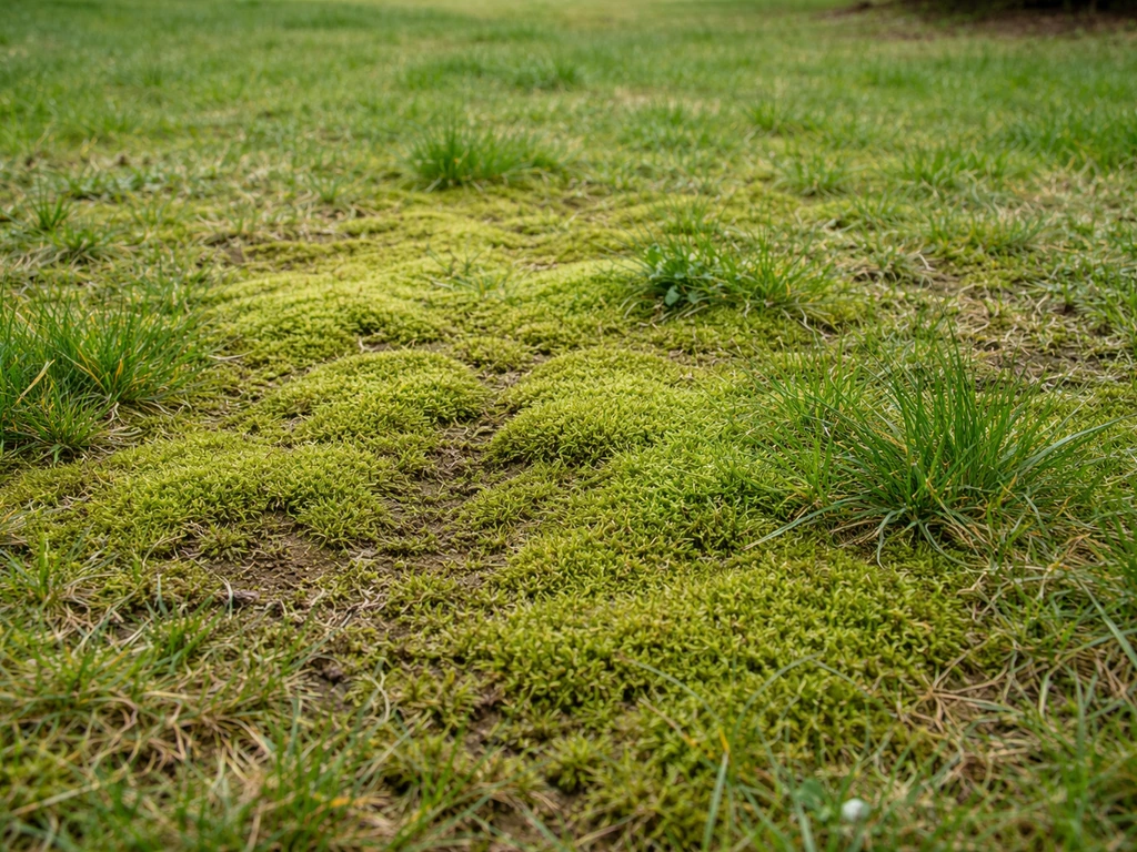 Mousse envahissante dans un gazon clairsemé, sol humide et herbe affaiblie, vue au ras du sol.