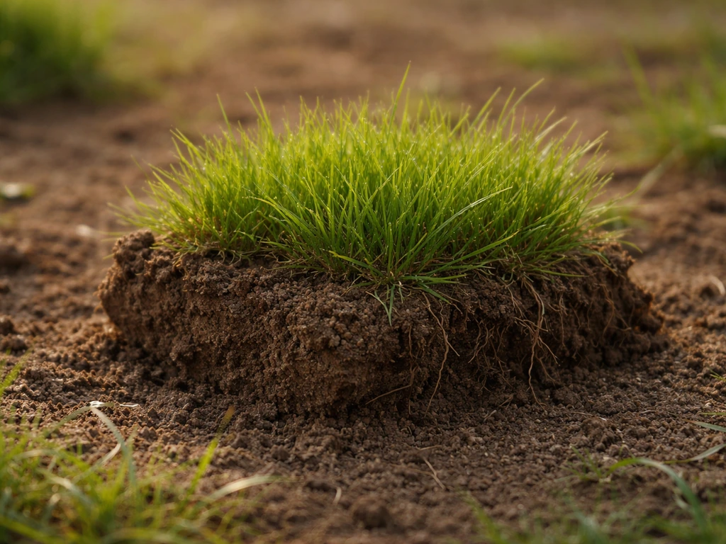 Motte de terre humide avec herbe verte naissante, illustration concrète de « gazon ».
