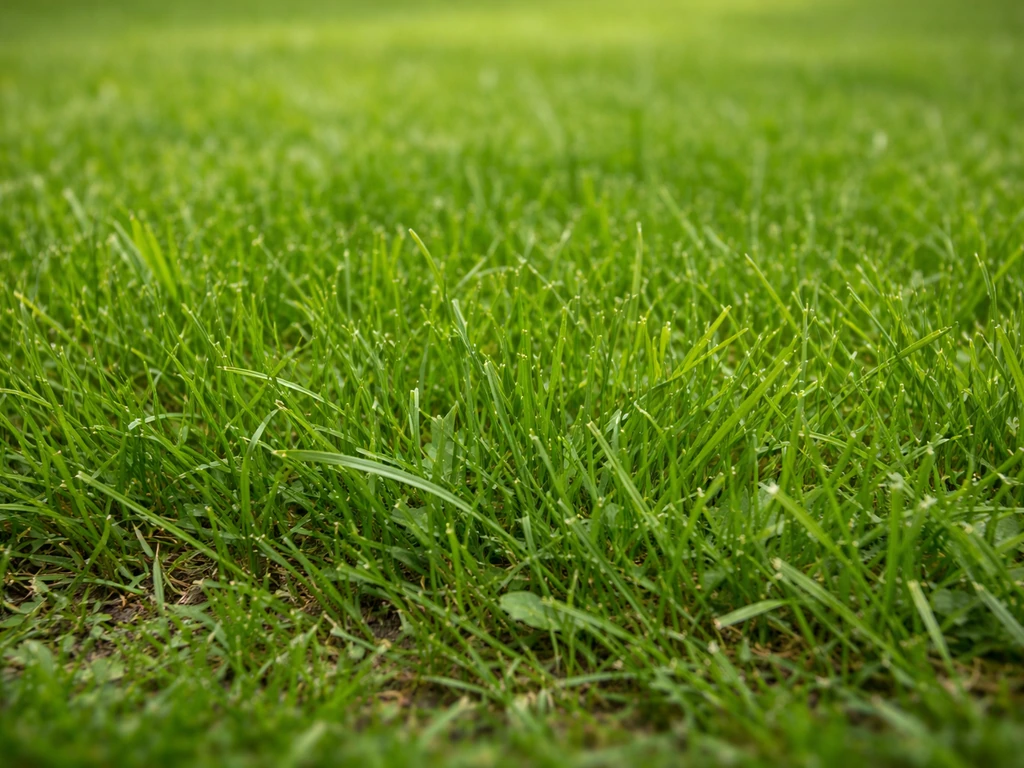 Gros plan sur une pelouse montrant un mélange de brins de graminées, texture et détail naturels.