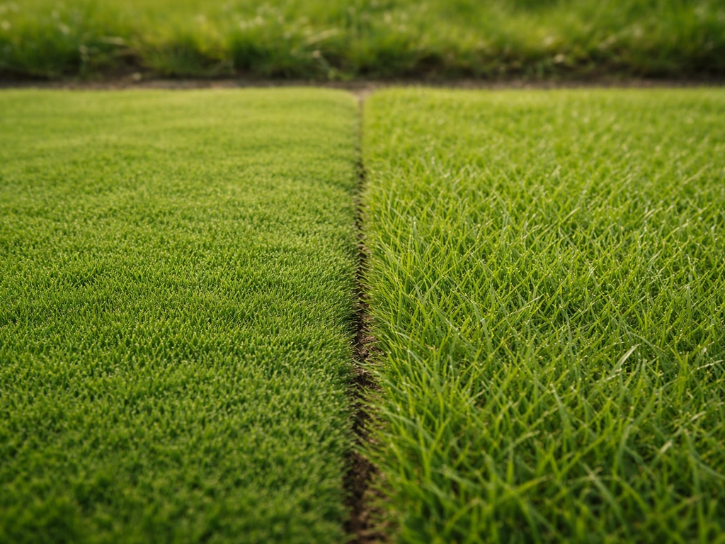 Deux surfaces horticoles côte à côte : une pelouse dense et moelleuse, un gazon plus fin et régulier.