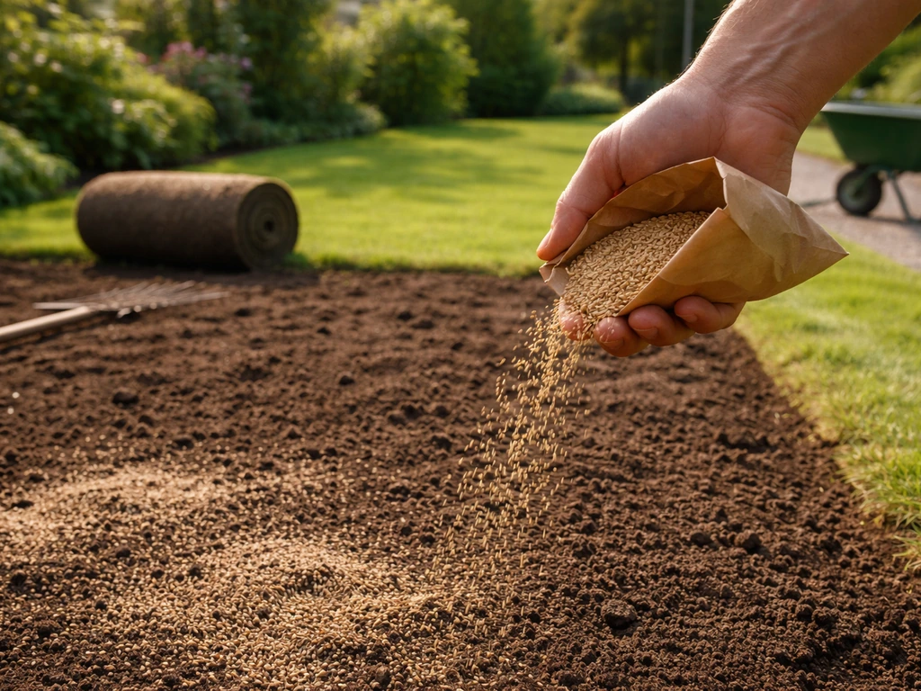 Main qui sème des graines de gazon dans un jardin, avec rouleau de gazon et terre préparée en arrière-plan.