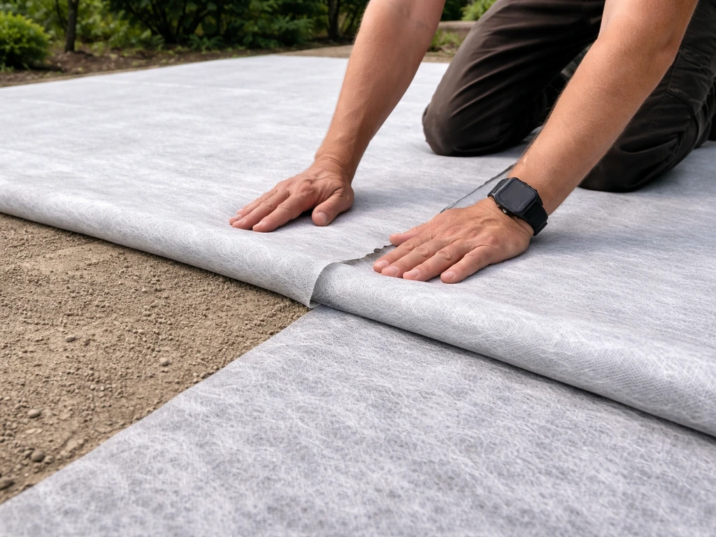 Pose d’un géotextile drainant sur sol de jardin, avec chevauchement visible des lés.