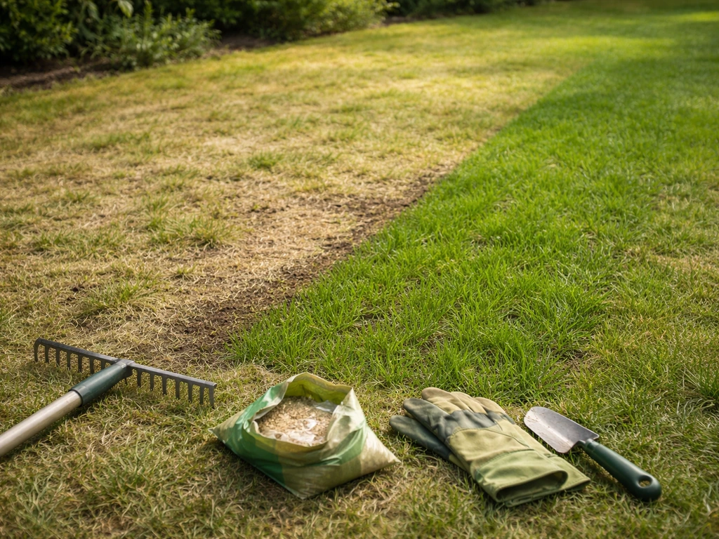 Pelouse clairsemée à Sassenage regarnie avec râteau, gants et semences, ambiance réparation de jardin.