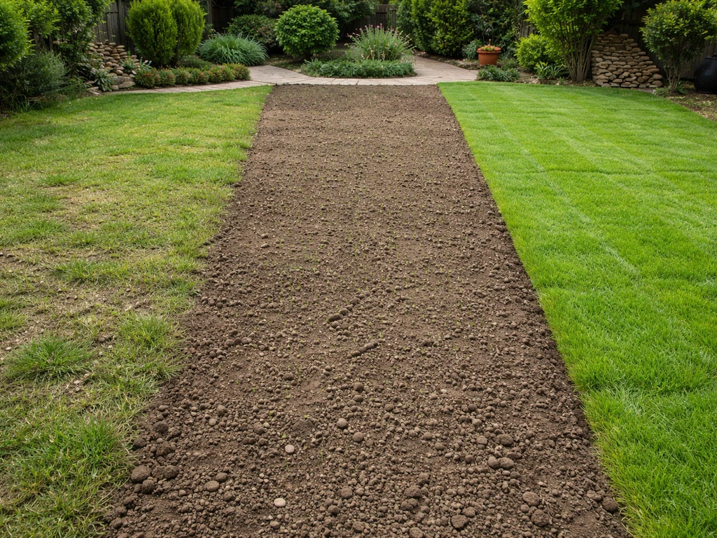 Trois zones d’un jardin côte à côte illustrant sursemis, semis de rénovation et pose en rouleaux.