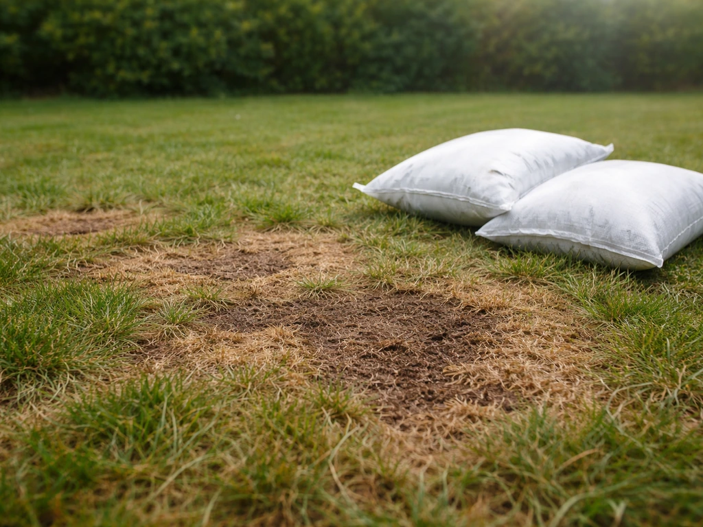 Pelouse française brunie et irrégulière, avec sacs de fertilisant près de la zone endommagée.