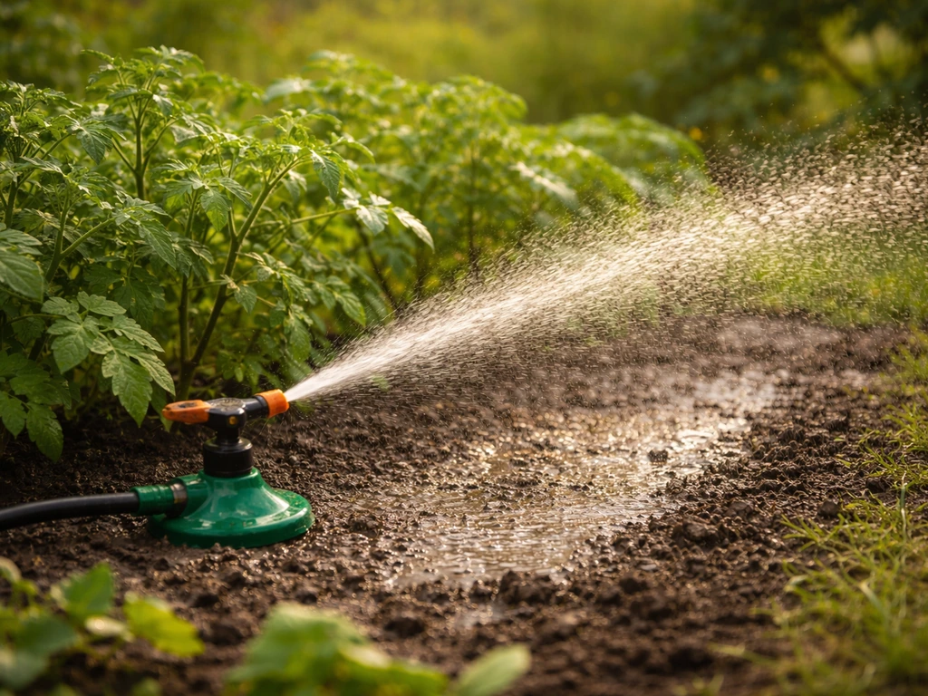 Arroseur à jet fin sur une zone brunie de terre au jardin, pour lessiver l’excès de fertilisant.