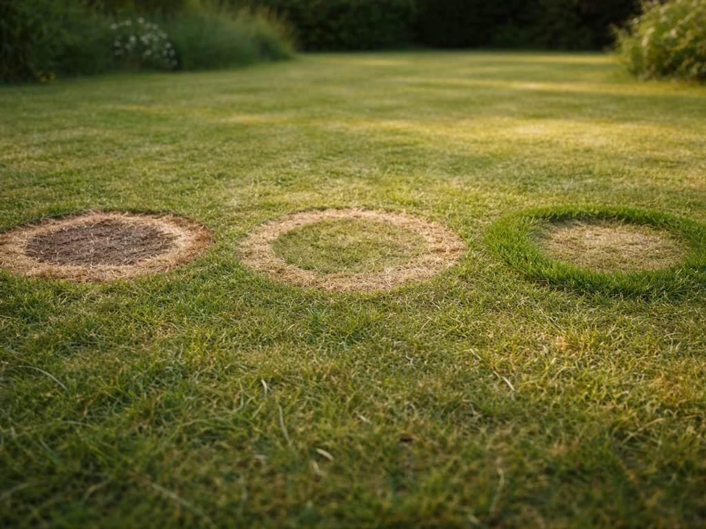 Trois cercles de fée sur une pelouse : anneau annelé, anneau clair, anneau vert dense, vue rapprochée au sol.