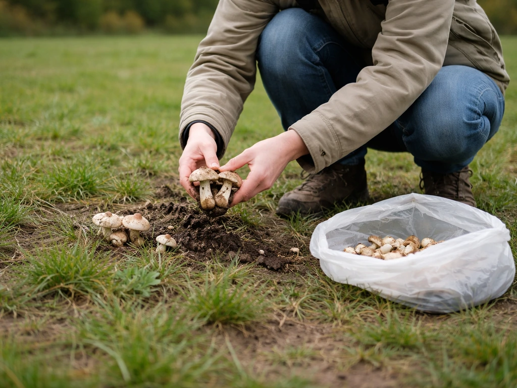 Personne accroupie dans une pelouse retirant des champignons entiers, chapeau et pied, vers un sac d’évacuation.