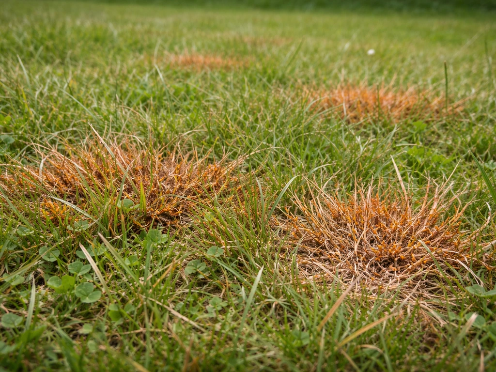 Gazon avec plaques rougissantes poudreuses, herbe verte autour, vue rapprochée au niveau du sol.