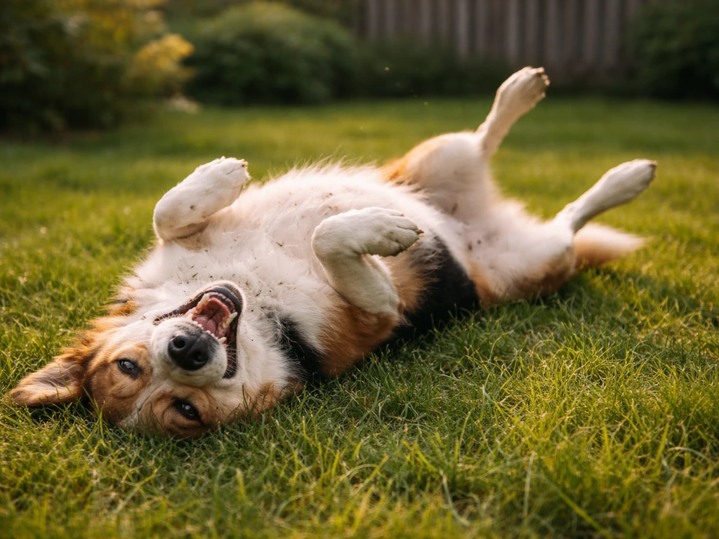 Un chien se roule dans l’herbe verte d’une pelouse de jardin, lumière naturelle douce, ambiance chaleureuse.