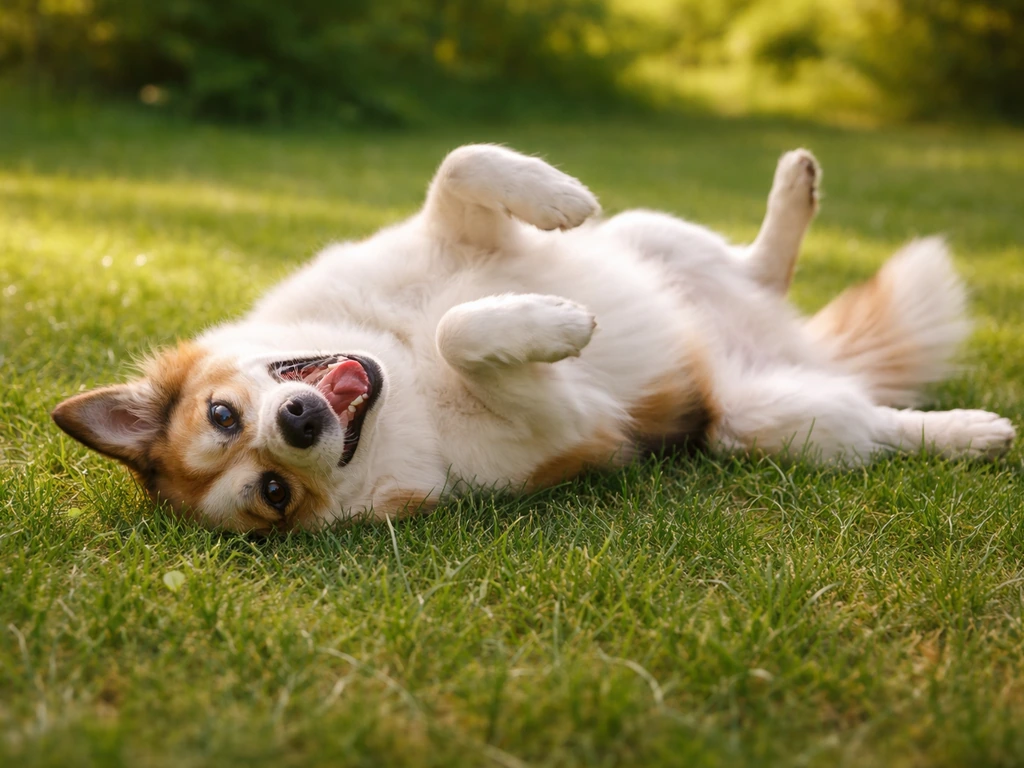 Chien jouant dans l’herbe, roulant sur le côté dans un jardin ensoleillé, air joyeux.
