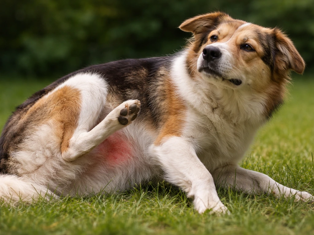 Un chien se gratte dans l’herbe, peau légèrement rougeâtre sur le flanc, ambiance jardin naturel.