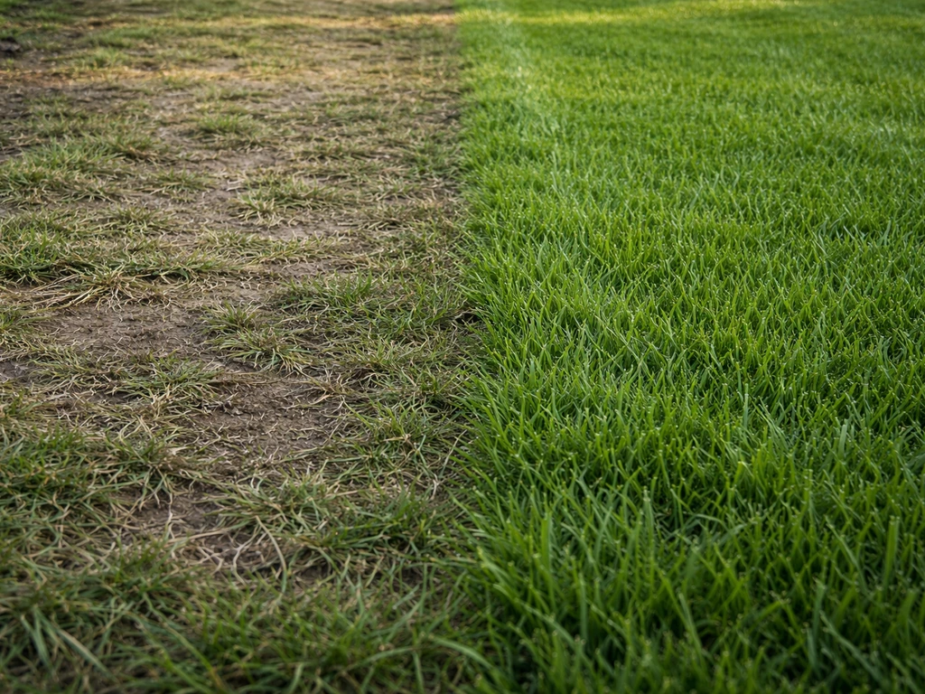 Comparaison réaliste d’une pelouse aplatie et terne à côté d’un gazon intact autour d’une zone piétinée par un chien.