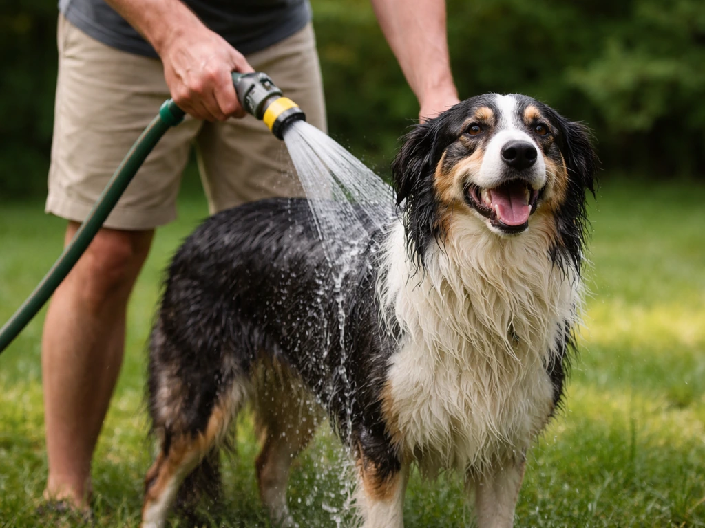 Un jardinier rince un chien au tuyau d’arrosage dans le jardin, pelage humide et jet d’eau visible.