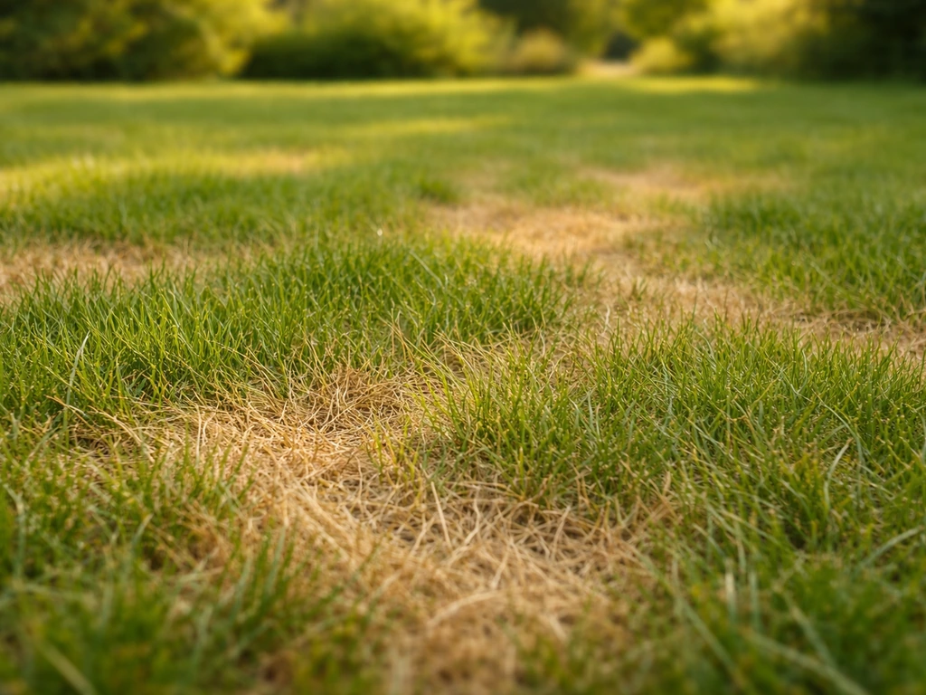 Pelouse verte avec plaques d’herbe brun doré (“or brun gazon”), contraste net au sol.