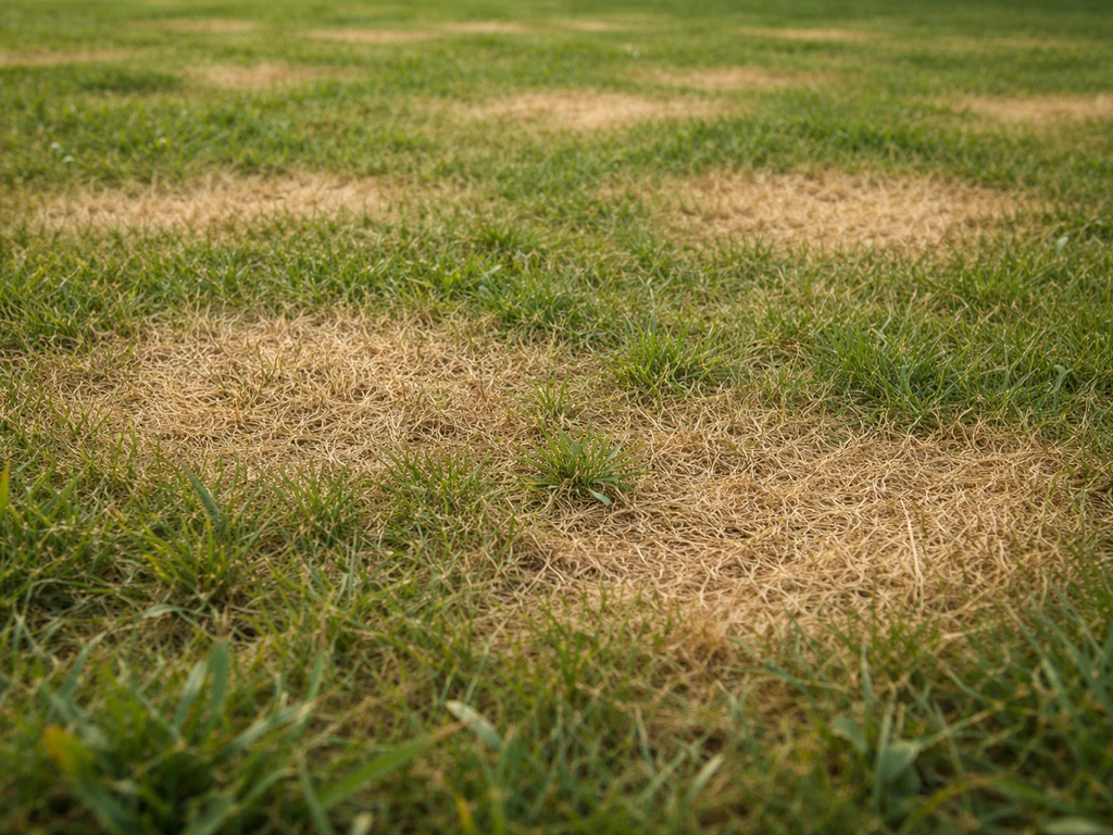 Pelouse avec plaques or-brun décolorées et zones encore vertes, contraste net entre les taches.