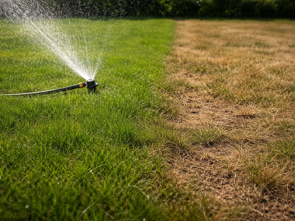 Pelouse en été : zone sèche brunie à côté d’une zone bien arrosée avec jet d’arroseur
