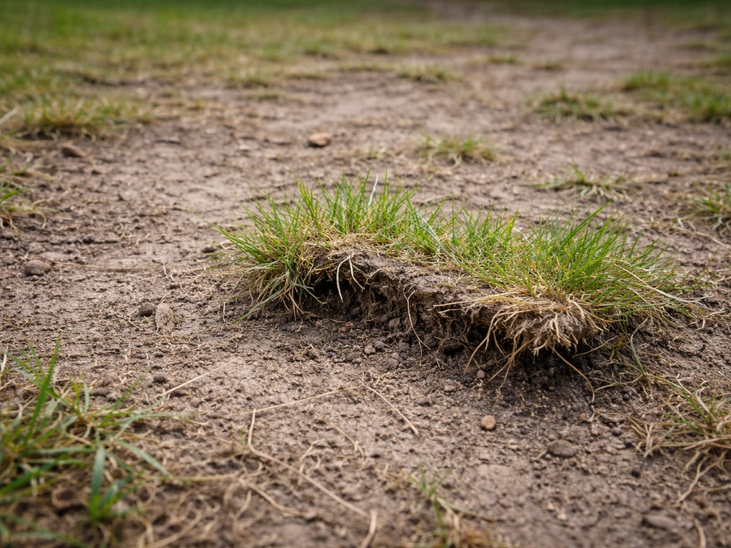 Pelouse piétinée : gazon soulevé révélant racines pauvres et terre dure compacte.