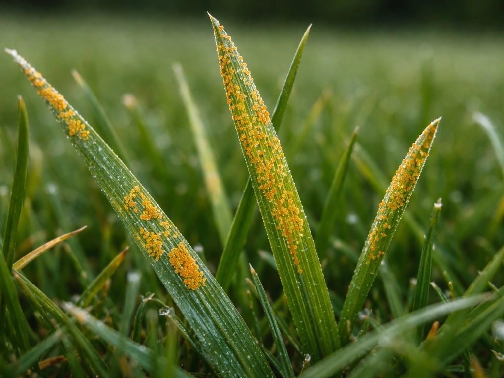 Gros plan sur des brins d’herbe avec petites pustules orangées typiques de la rouille du gazon