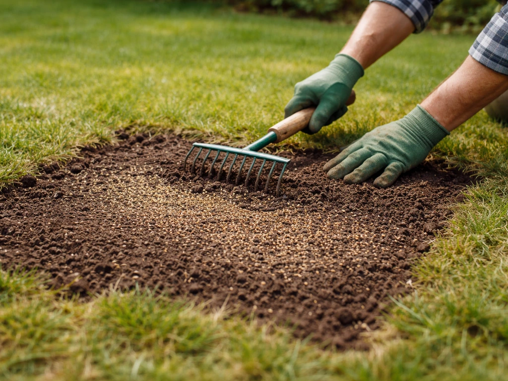 Zone brune de pelouse scarifiée, terreau et semences ajoutés, arrosage de démarrage en jardin.