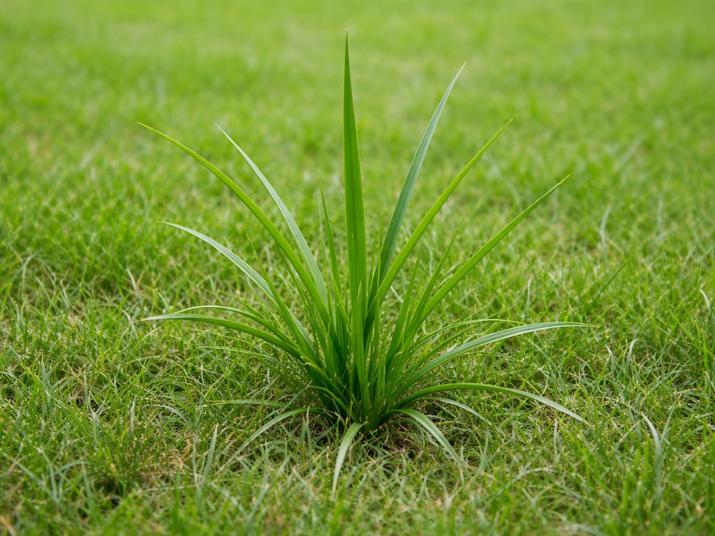 Gros plan d’une touffe de souchet dans une pelouse, tige et feuilles typiques bien visibles.