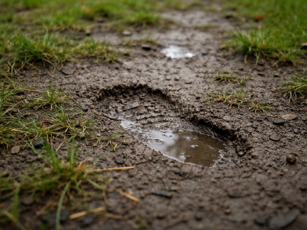 Pelouse avec sol compacté et zone humide après pluie, petites flaques et herbe clairsemée.