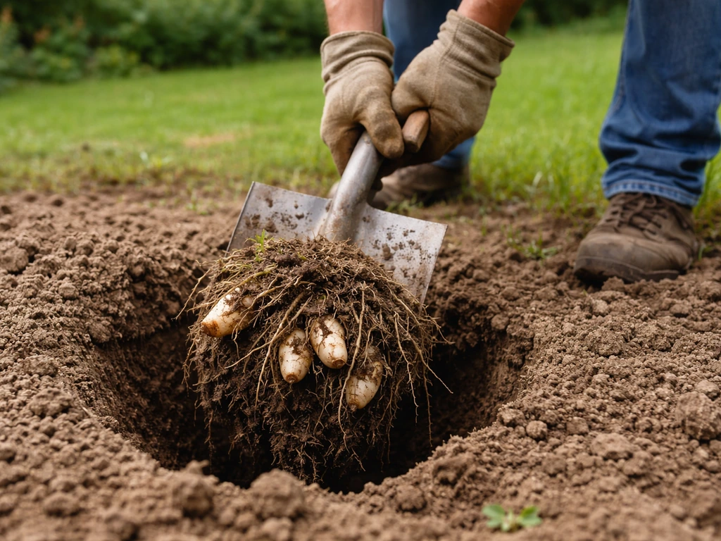 Arrachage manuel d’une touffe de plante invasive avec une bêche, sol légèrement humide, tubercules visibles.