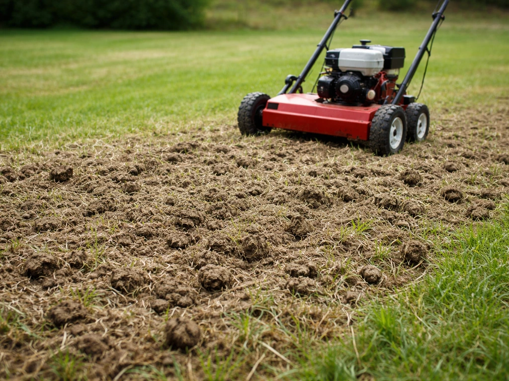 Pelouse dont le sol est aéré et décompacté par un scarificateur, mottes fissurées prêtes au regarnissage.