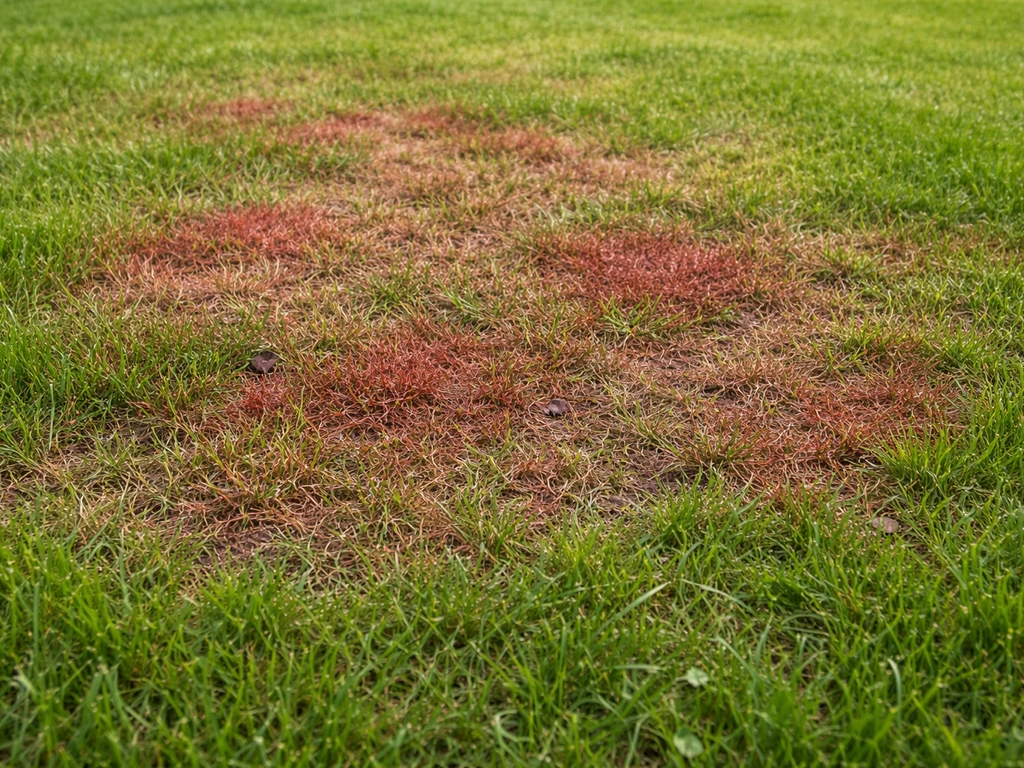 Gazon vert avec zones rougeâtres typiques du rouge-gazon Morlot, contraste avec une bordure saine