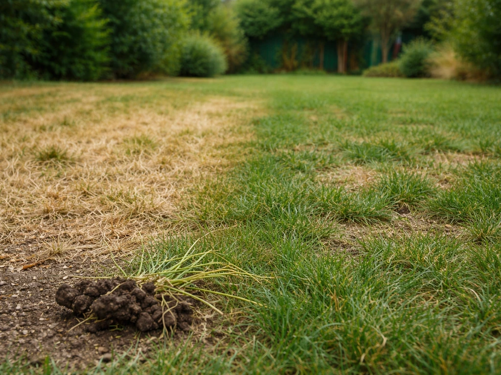 Gazon de jardin avec zones jaunies et plaques clairsemées, gros plan pour illustrer des symptômes.