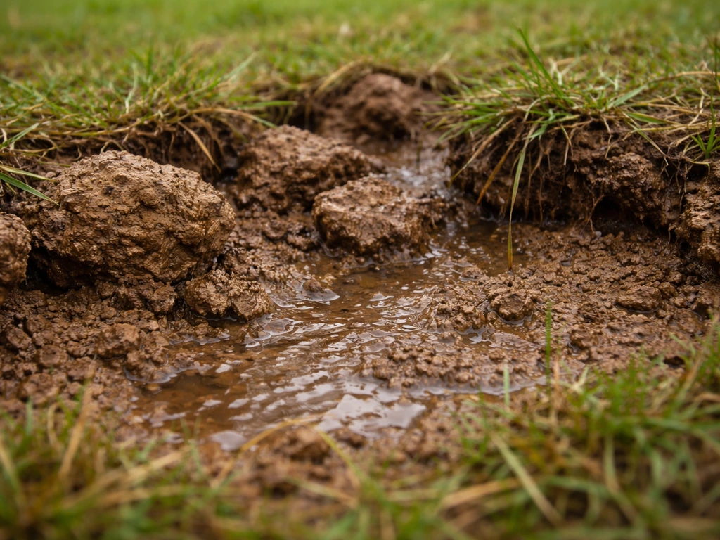 Mottes de terre argilo-calcaire humides sous un gazon, montrant un drainage lent et un sol lourd.