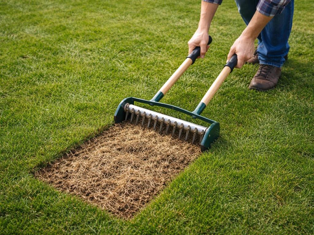 Pelouse de jardin scarifiée : un outil à lame retire le feutre sur une petite zone, avant/après