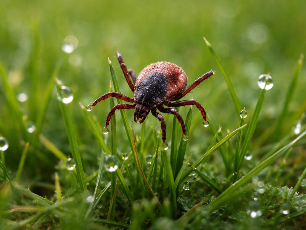 Gros plan réaliste d’une tique Ixodes ricinus sur de l’herbe humide, près d’un gazon basse.