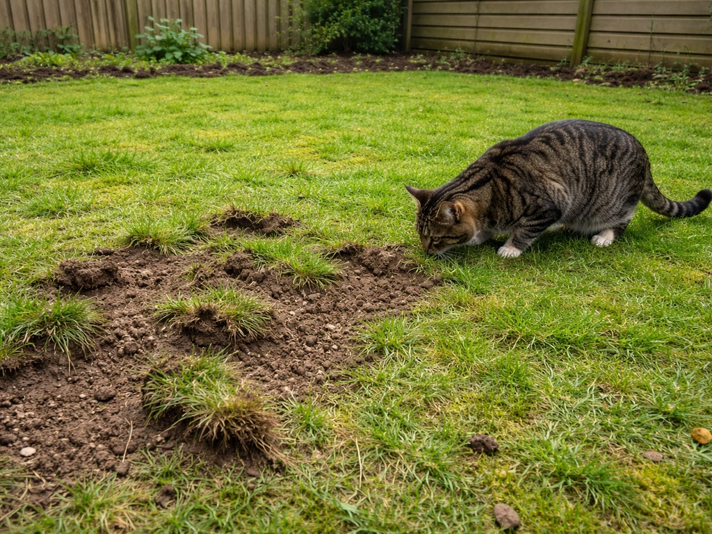 Un chat près d’une pelouse abîmée, avec des touffes d’herbe arrachées dans un jardin français.