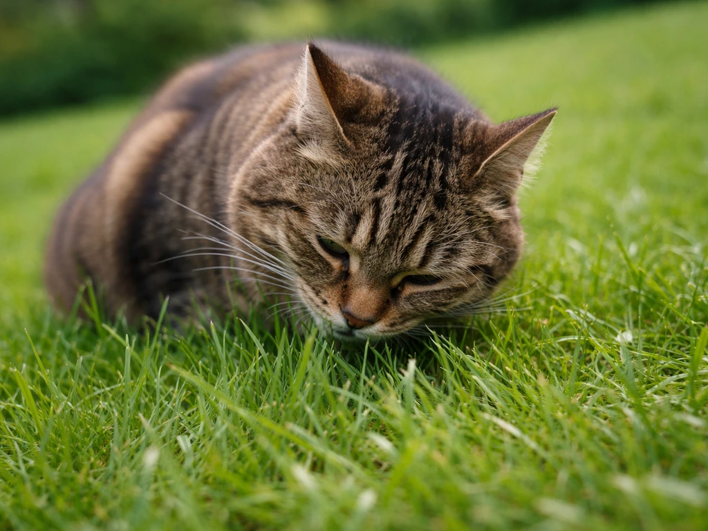 Chat brun qui broute de l’herbe sur une pelouse, gazon au premier plan en lumière naturelle