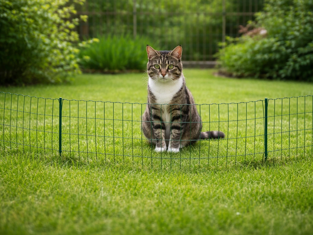 Un chat attend derrière un petit grillage temporaire, sur une pelouse verte, jardin résidentiel calme.