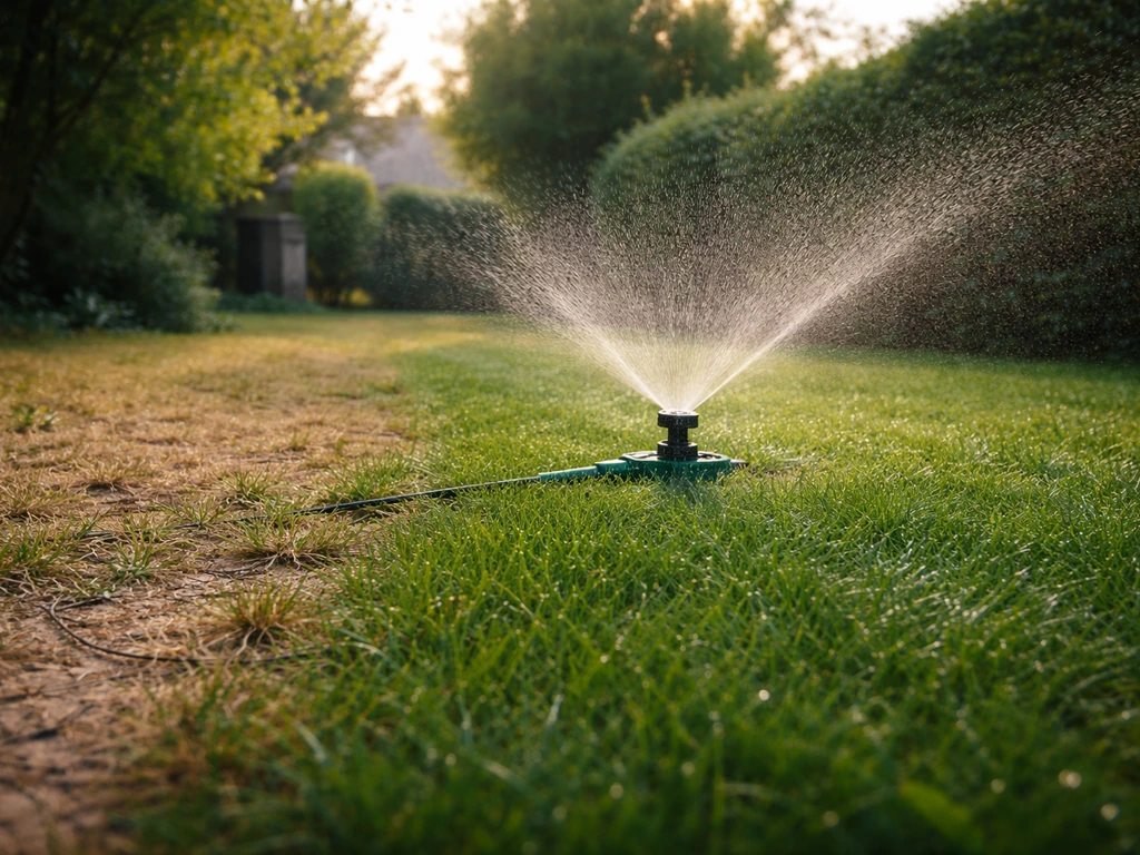 Arrosage tôt le matin : arroseur sur pelouse, zone plus sèche contrastant avec le gazon humidifié