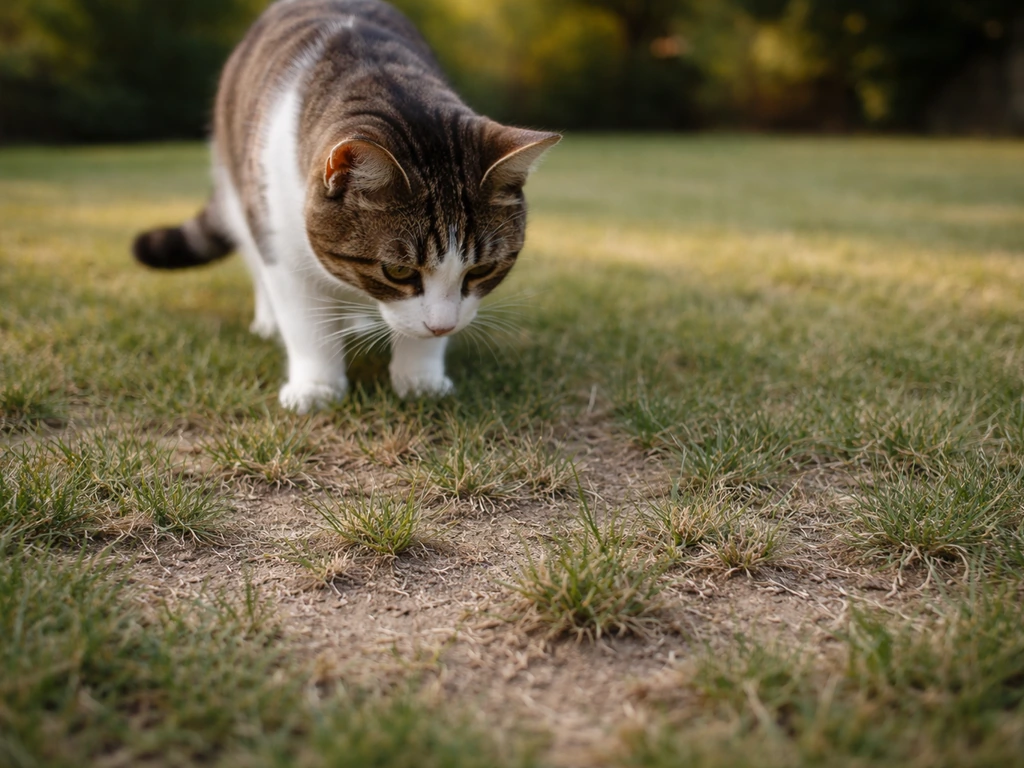 Chat sur une pelouse tondue trop ras, zone clairsemée et fragile, en extérieur calme et naturel.
