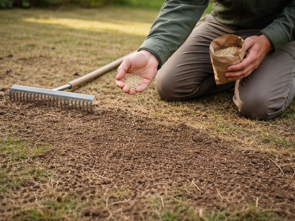 Un jardinier sème des graines sur une pelouse clairsemée fraîchement griffée, au ras du sol.