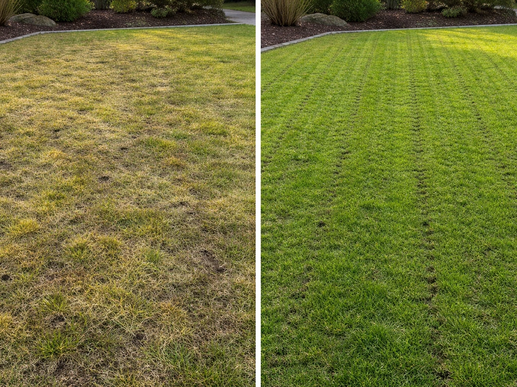 Comparaison avant/après de la scarification : pelouse feutrée à gauche, pelouse aérée avec sillons à droite.