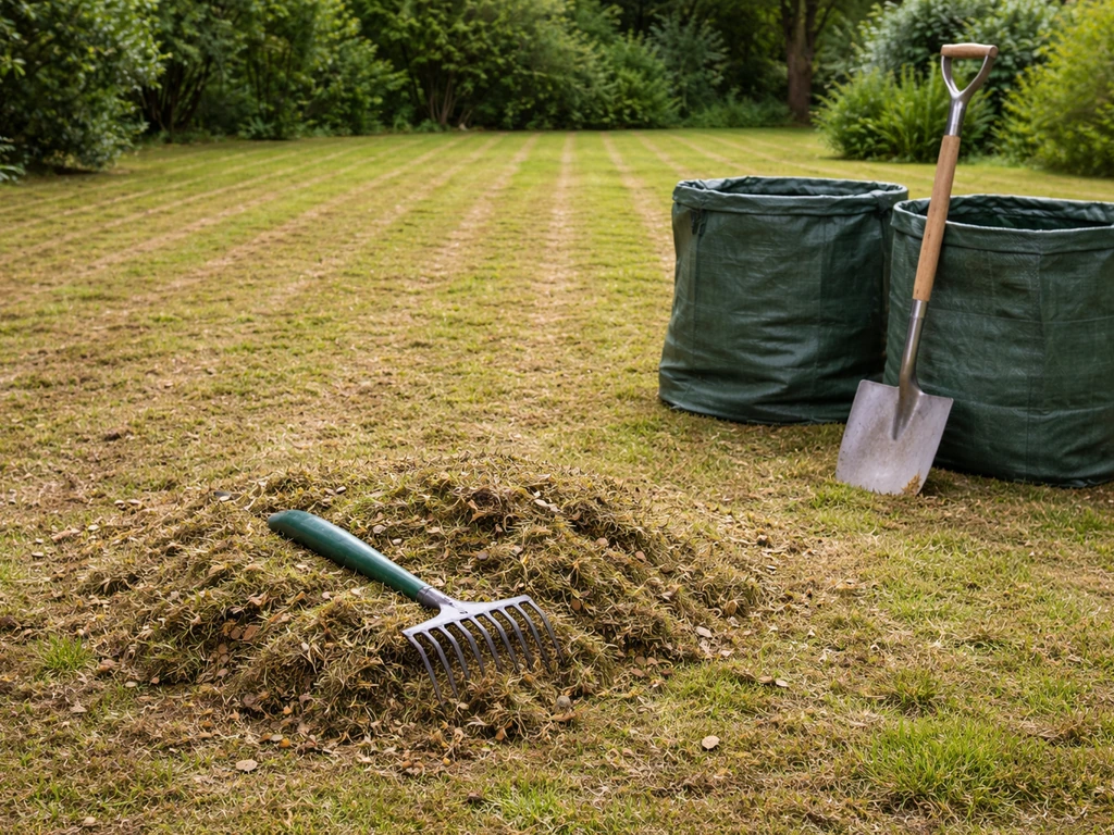 Pelouse fraîchement scarifiée avec résidus feutre et mousse ramassés en sacs, jardin familial minimal.