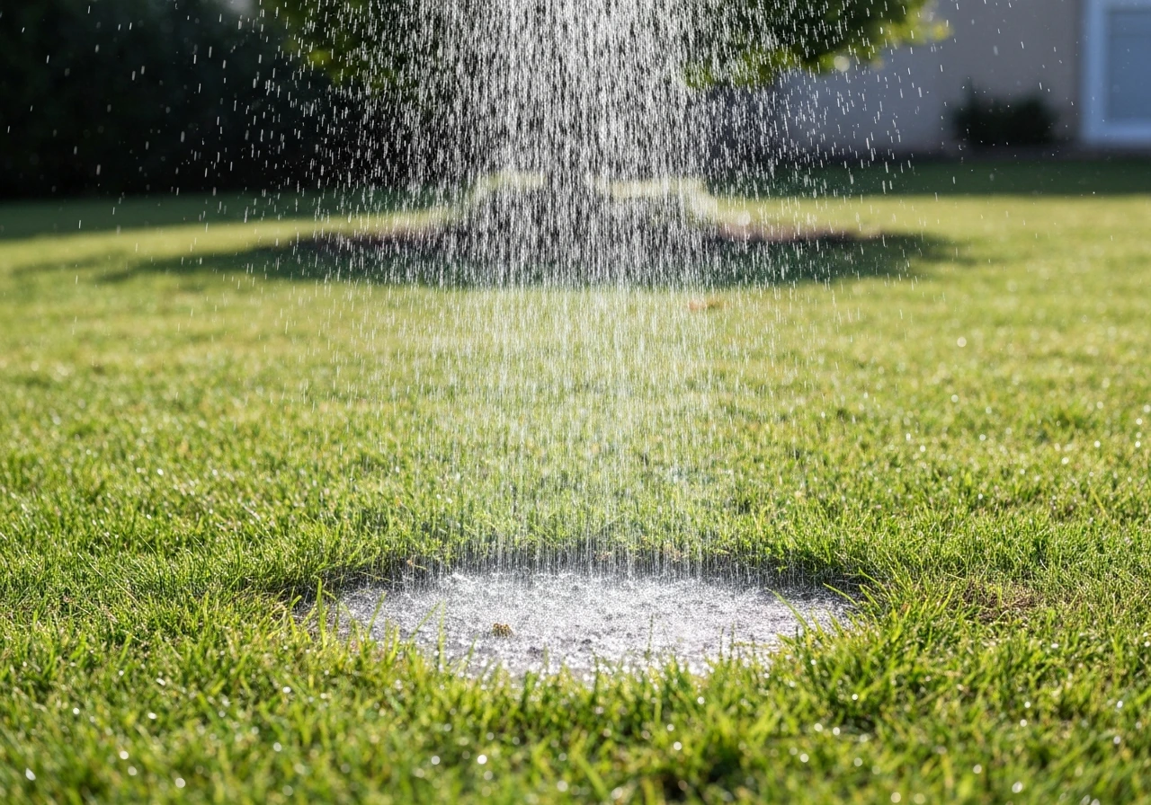 Arroseur projetant une pluie fine sur une pelouse fraîchement regarnie, humidité uniforme.