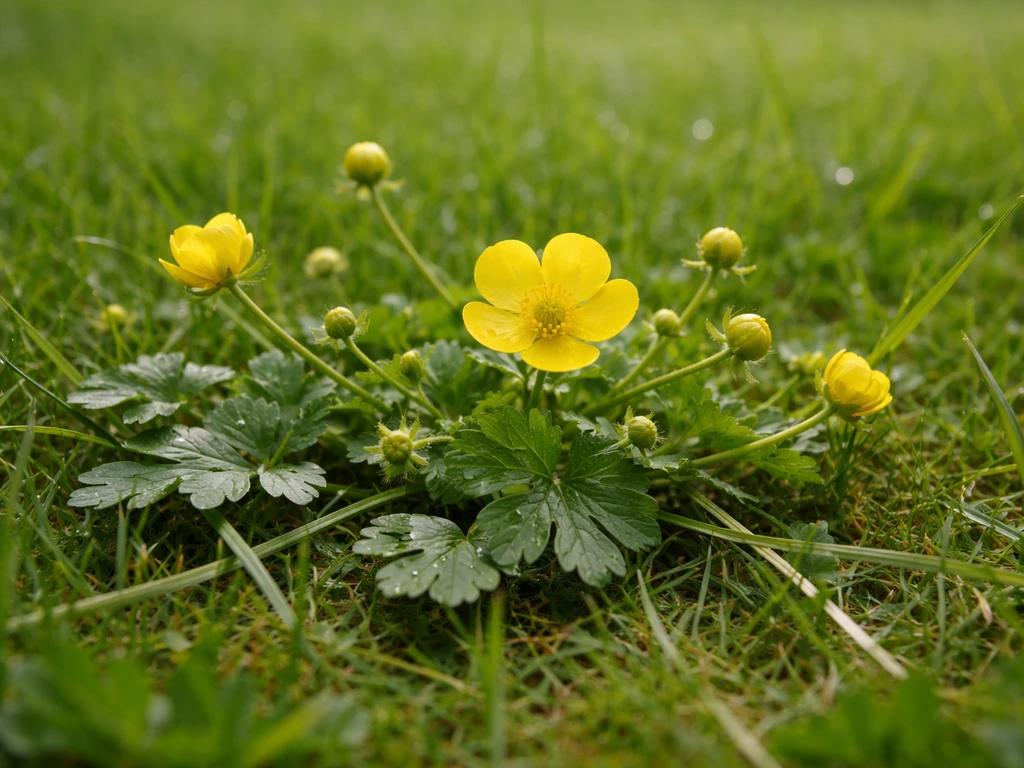 Gros plan sur la renoncule rampante jaune dans une pelouse, avec feuilles rampantes et fleurs visibles.