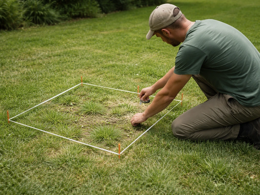 Jardinier au travail sur une pelouse, guidant visuellement l’évaluation de l’invasion avec repères au sol.