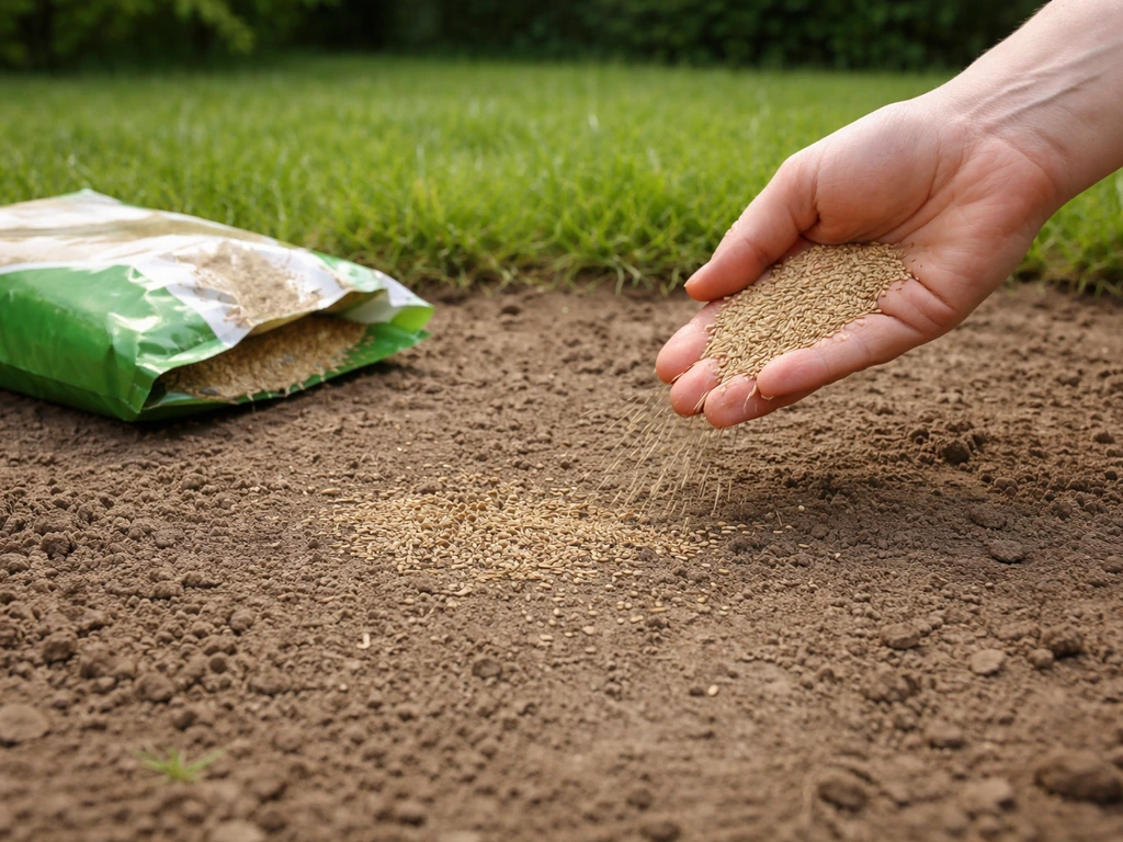 Main qui dépose des semences sur une zone nue de pelouse ratissée après élimination des mauvaises herbes.