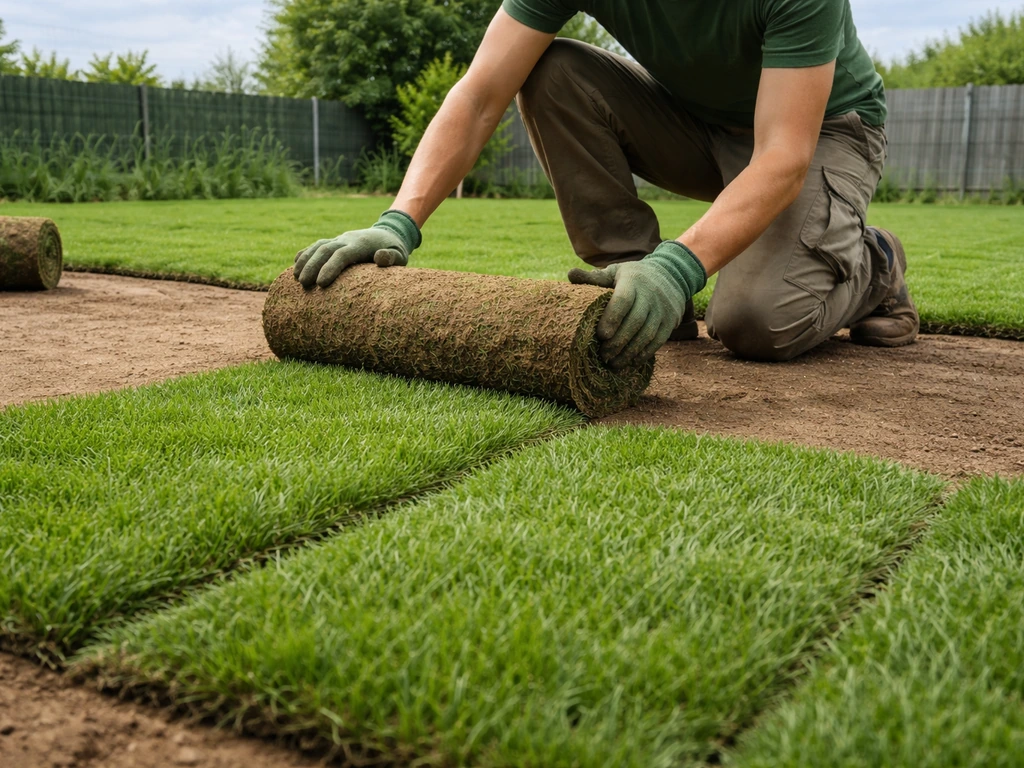 Pose de gazon en rouleaux naturels sur une pelouse fraîchement préparée, rendu vert et homogène.