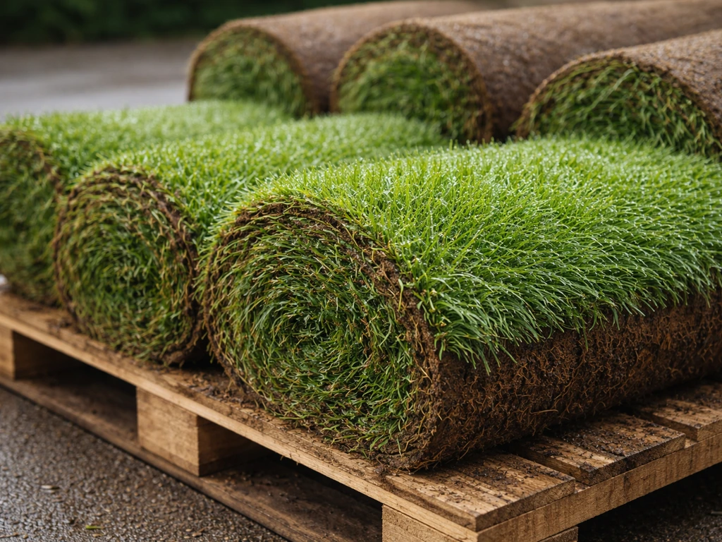 Gros plan de rouleaux de gazon naturel verts et humides, montrant la coupe et la texture fraîche